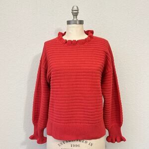 MADEWELL Sweater Red Ruffled Neck Pullover Knit Cotton Merino Wool